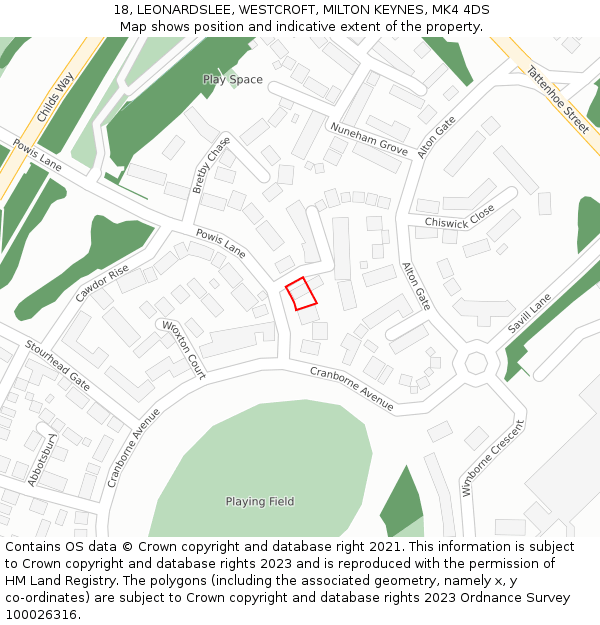 18, LEONARDSLEE, WESTCROFT, MILTON KEYNES, MK4 4DS: Location map and indicative extent of plot