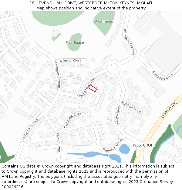 18, LEVENS HALL DRIVE, WESTCROFT, MILTON KEYNES, MK4 4FL: Location map and indicative extent of plot