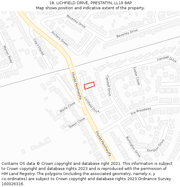 18, LICHFIELD DRIVE, PRESTATYN, LL19 8AP: Location map and indicative extent of plot