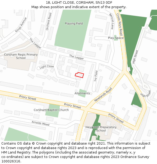 18, LIGHT CLOSE, CORSHAM, SN13 0DF: Location map and indicative extent of plot
