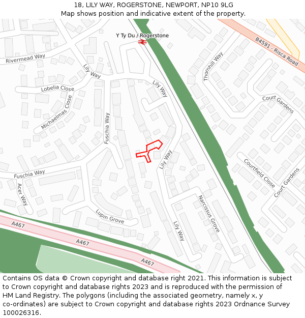 18, LILY WAY, ROGERSTONE, NEWPORT, NP10 9LG: Location map and indicative extent of plot