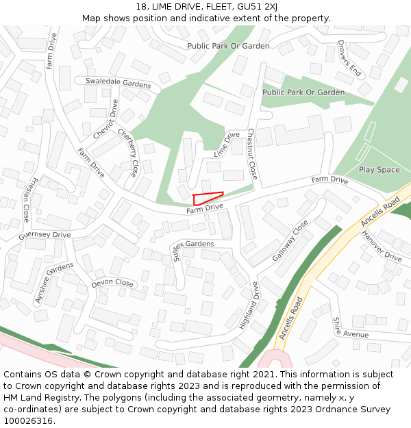 18, LIME DRIVE, FLEET, GU51 2XJ: Location map and indicative extent of plot