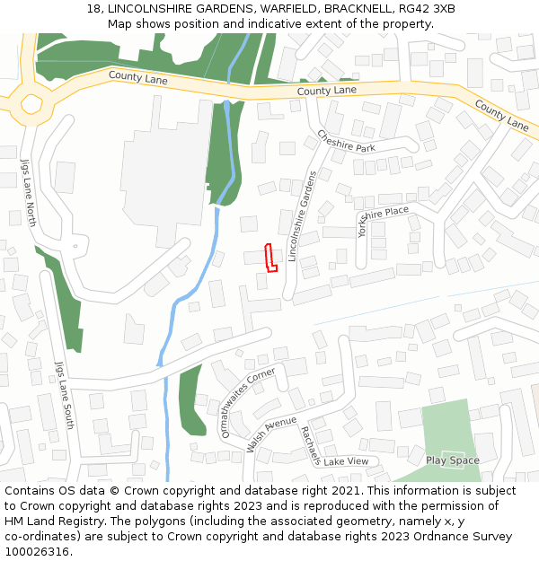 18, LINCOLNSHIRE GARDENS, WARFIELD, BRACKNELL, RG42 3XB: Location map and indicative extent of plot