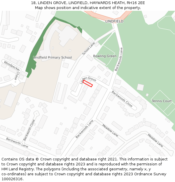 18, LINDEN GROVE, LINDFIELD, HAYWARDS HEATH, RH16 2EE: Location map and indicative extent of plot