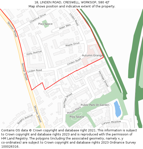 18, LINDEN ROAD, CRESWELL, WORKSOP, S80 4JT: Location map and indicative extent of plot