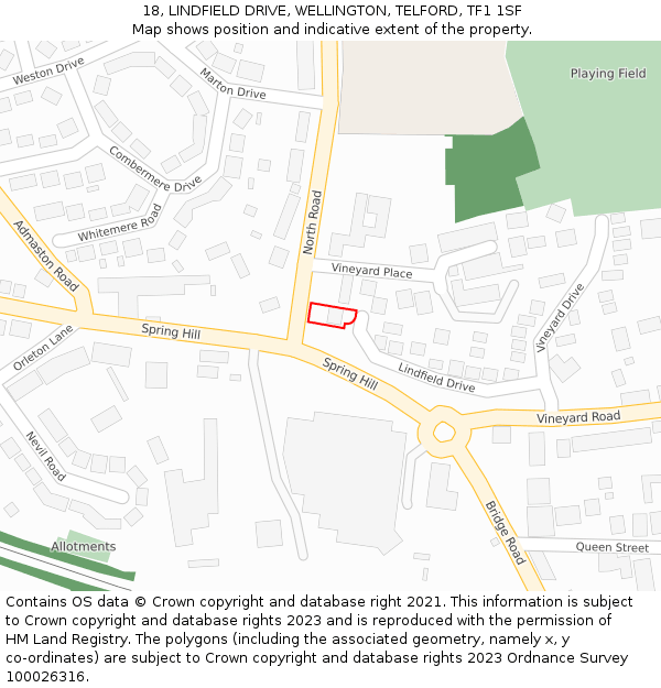 18, LINDFIELD DRIVE, WELLINGTON, TELFORD, TF1 1SF: Location map and indicative extent of plot