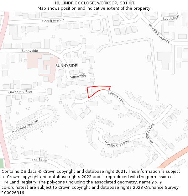 18, LINDRICK CLOSE, WORKSOP, S81 0JT: Location map and indicative extent of plot