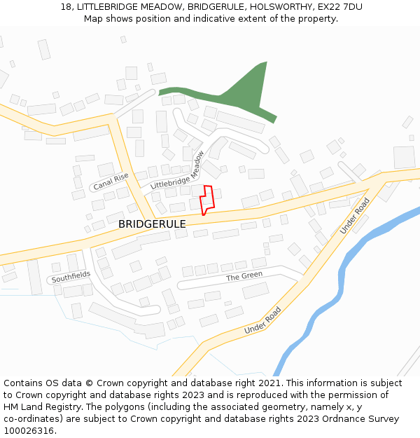18, LITTLEBRIDGE MEADOW, BRIDGERULE, HOLSWORTHY, EX22 7DU: Location map and indicative extent of plot