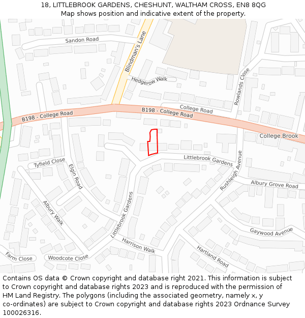 18, LITTLEBROOK GARDENS, CHESHUNT, WALTHAM CROSS, EN8 8QG: Location map and indicative extent of plot