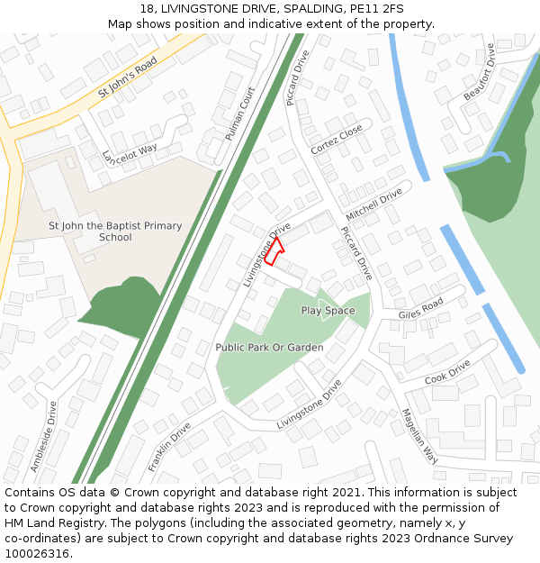 18, LIVINGSTONE DRIVE, SPALDING, PE11 2FS: Location map and indicative extent of plot