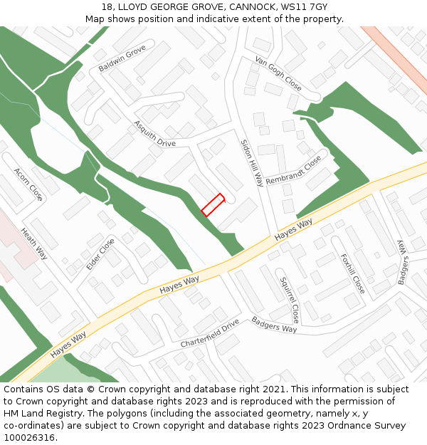 18, LLOYD GEORGE GROVE, CANNOCK, WS11 7GY: Location map and indicative extent of plot