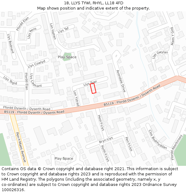 18, LLYS TYWI, RHYL, LL18 4FD: Location map and indicative extent of plot
