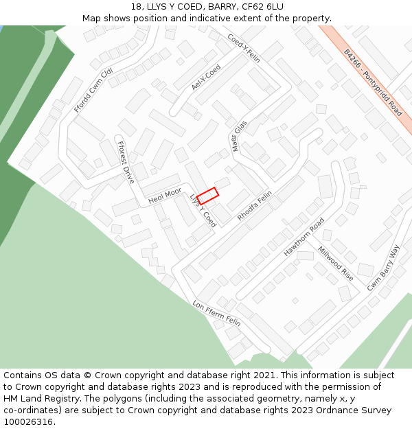 18, LLYS Y COED, BARRY, CF62 6LU: Location map and indicative extent of plot