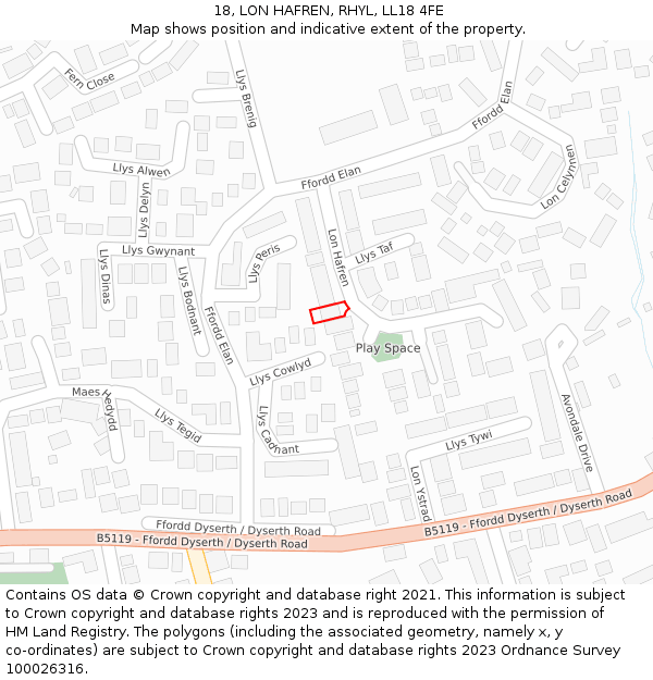 18, LON HAFREN, RHYL, LL18 4FE: Location map and indicative extent of plot