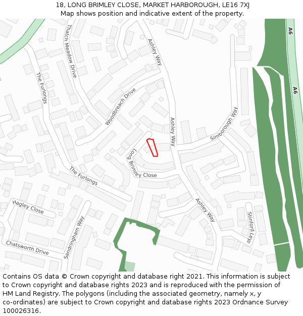 18, LONG BRIMLEY CLOSE, MARKET HARBOROUGH, LE16 7XJ: Location map and indicative extent of plot