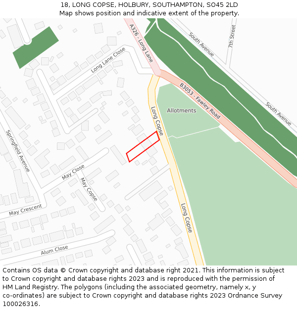 18, LONG COPSE, HOLBURY, SOUTHAMPTON, SO45 2LD: Location map and indicative extent of plot