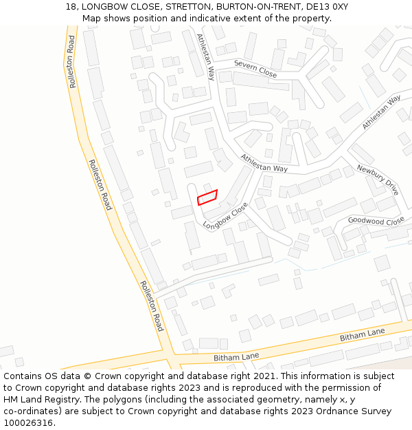 18, LONGBOW CLOSE, STRETTON, BURTON-ON-TRENT, DE13 0XY: Location map and indicative extent of plot