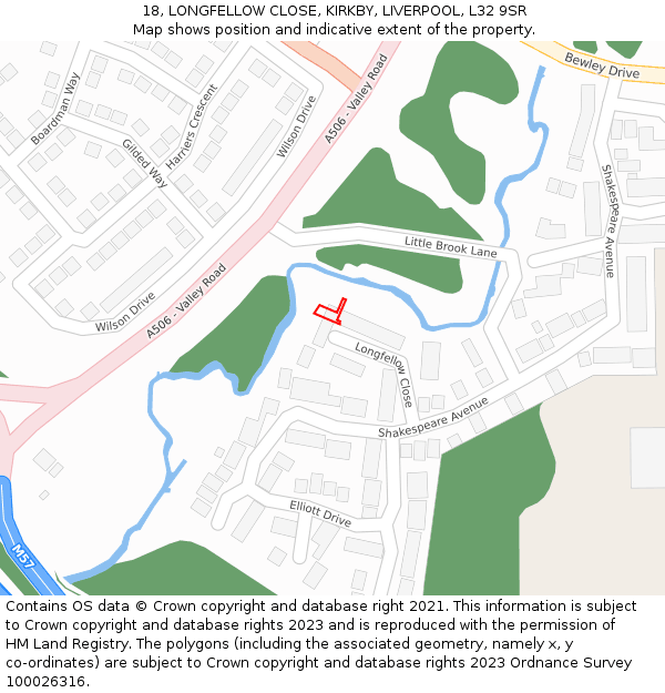 18, LONGFELLOW CLOSE, KIRKBY, LIVERPOOL, L32 9SR: Location map and indicative extent of plot
