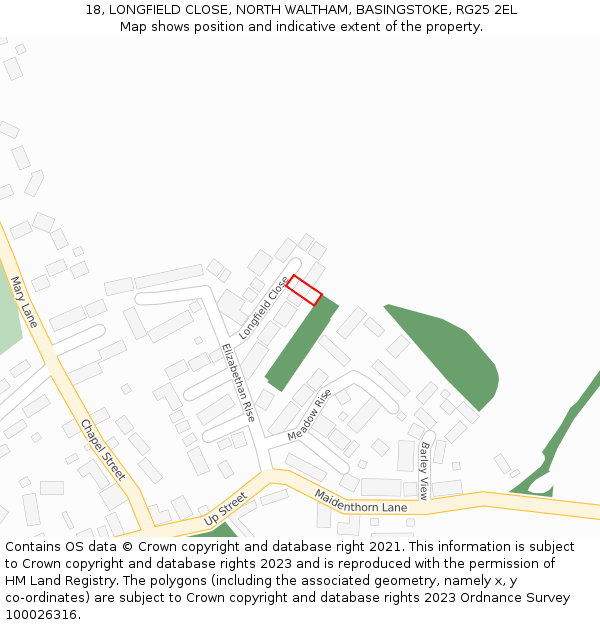 18, LONGFIELD CLOSE, NORTH WALTHAM, BASINGSTOKE, RG25 2EL: Location map and indicative extent of plot