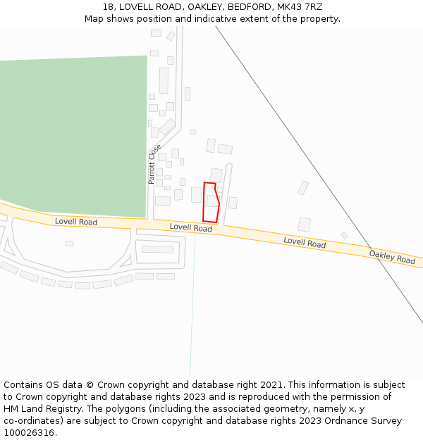 18, LOVELL ROAD, OAKLEY, BEDFORD, MK43 7RZ: Location map and indicative extent of plot