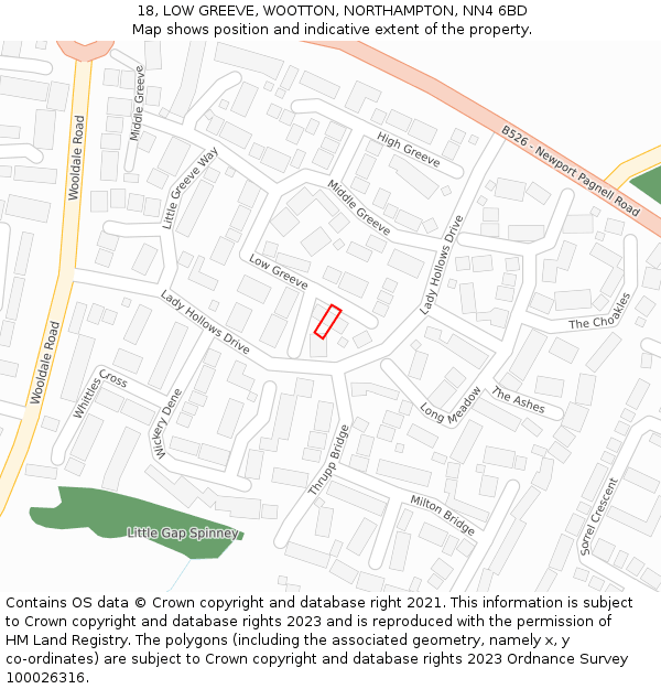 18, LOW GREEVE, WOOTTON, NORTHAMPTON, NN4 6BD: Location map and indicative extent of plot