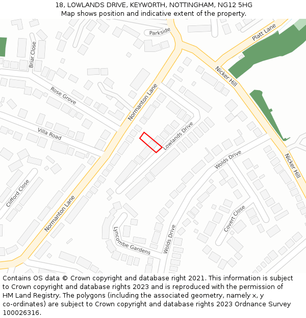18, LOWLANDS DRIVE, KEYWORTH, NOTTINGHAM, NG12 5HG: Location map and indicative extent of plot