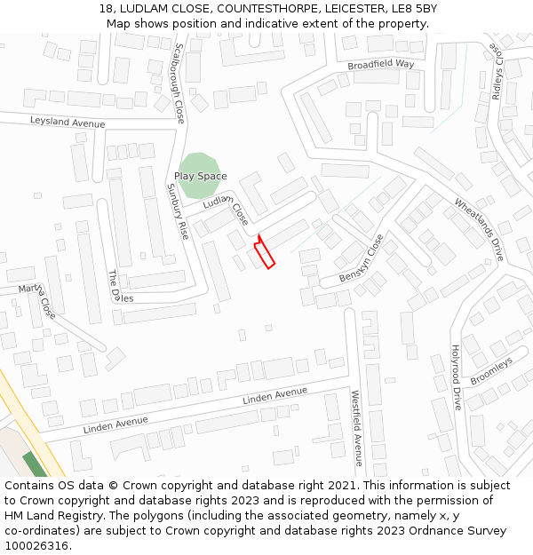 18, LUDLAM CLOSE, COUNTESTHORPE, LEICESTER, LE8 5BY: Location map and indicative extent of plot