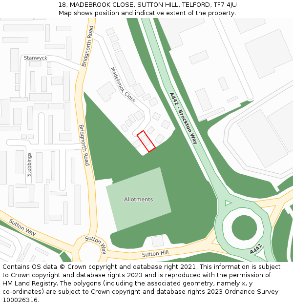 18, MADEBROOK CLOSE, SUTTON HILL, TELFORD, TF7 4JU: Location map and indicative extent of plot