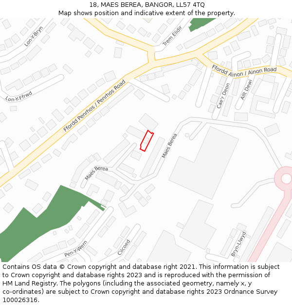 18, MAES BEREA, BANGOR, LL57 4TQ: Location map and indicative extent of plot