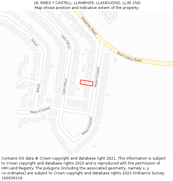 18, MAES Y CASTELL, LLANRHOS, LLANDUDNO, LL30 1NG: Location map and indicative extent of plot
