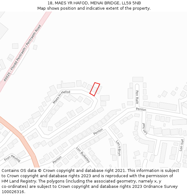 18, MAES YR HAFOD, MENAI BRIDGE, LL59 5NB: Location map and indicative extent of plot