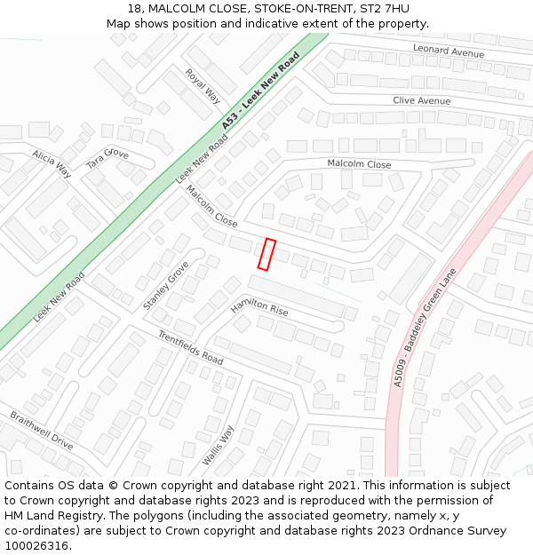 18, MALCOLM CLOSE, STOKE-ON-TRENT, ST2 7HU: Location map and indicative extent of plot