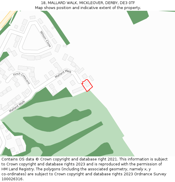 18, MALLARD WALK, MICKLEOVER, DERBY, DE3 0TF: Location map and indicative extent of plot