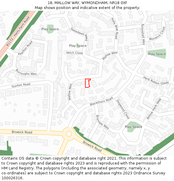 18, MALLOW WAY, WYMONDHAM, NR18 0XF: Location map and indicative extent of plot