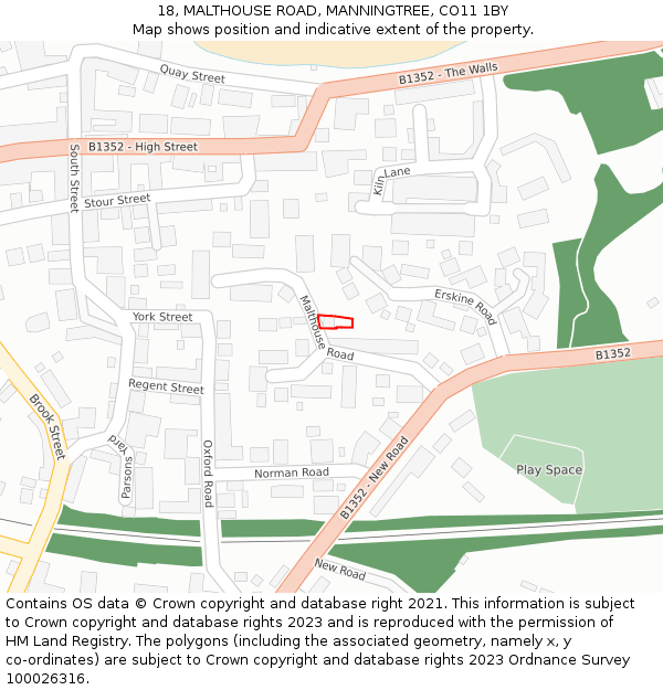 18, MALTHOUSE ROAD, MANNINGTREE, CO11 1BY: Location map and indicative extent of plot