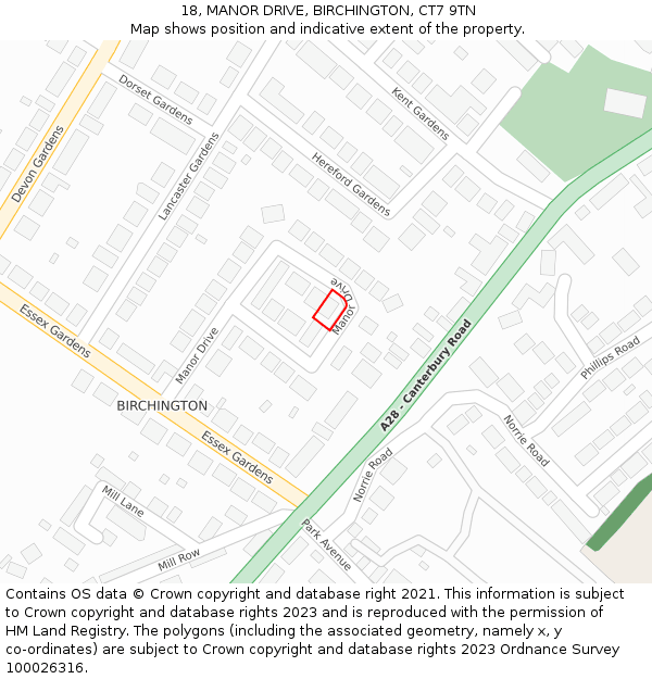 18, MANOR DRIVE, BIRCHINGTON, CT7 9TN: Location map and indicative extent of plot