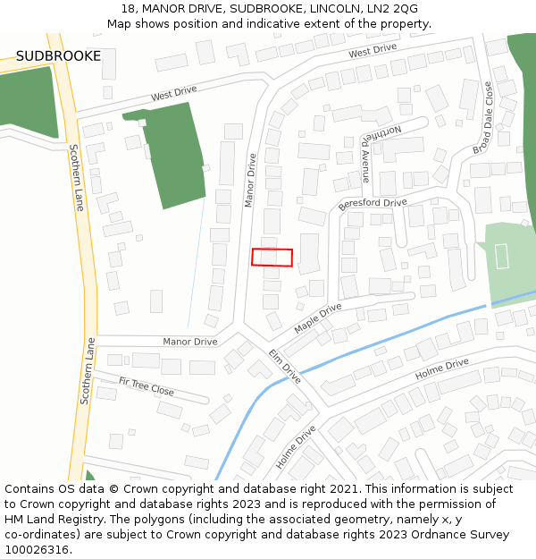 18, MANOR DRIVE, SUDBROOKE, LINCOLN, LN2 2QG: Location map and indicative extent of plot