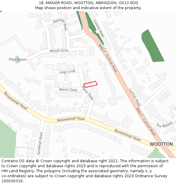 18, MANOR ROAD, WOOTTON, ABINGDON, OX13 6DG: Location map and indicative extent of plot