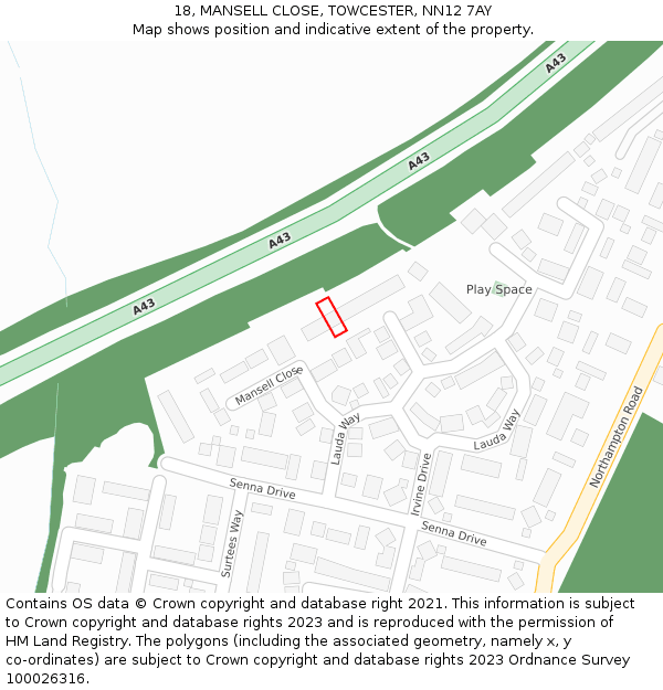 18, MANSELL CLOSE, TOWCESTER, NN12 7AY: Location map and indicative extent of plot