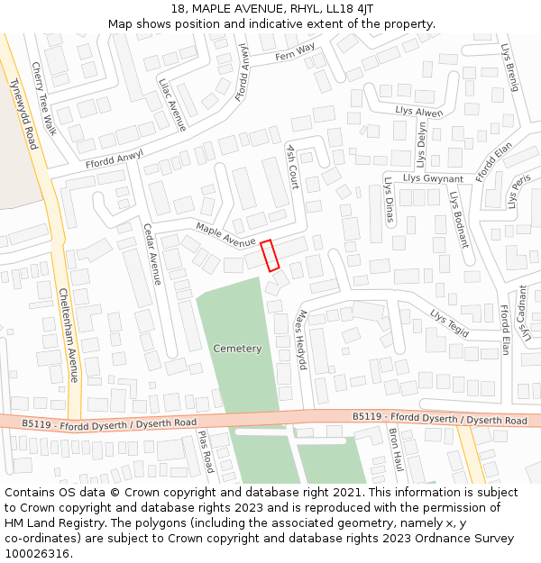 18, MAPLE AVENUE, RHYL, LL18 4JT: Location map and indicative extent of plot