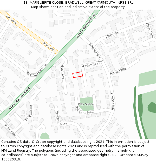 18, MARGUERITE CLOSE, BRADWELL, GREAT YARMOUTH, NR31 8RL: Location map and indicative extent of plot