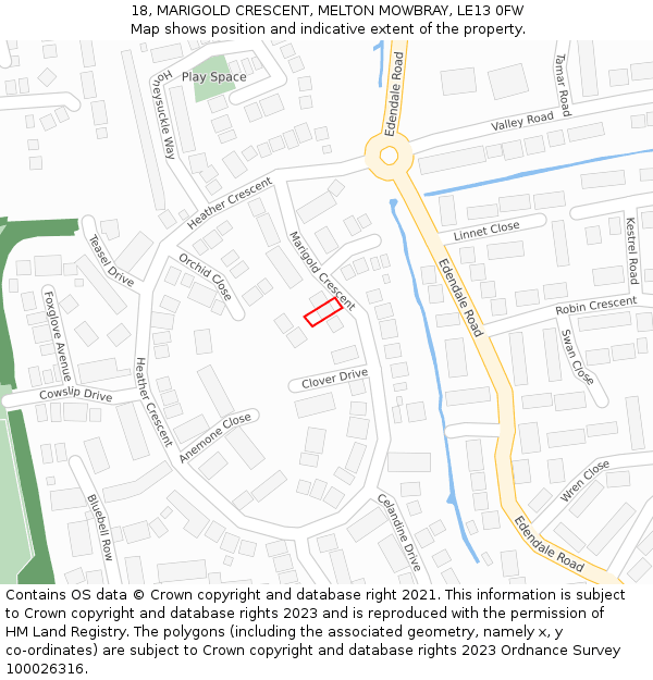 18, MARIGOLD CRESCENT, MELTON MOWBRAY, LE13 0FW: Location map and indicative extent of plot