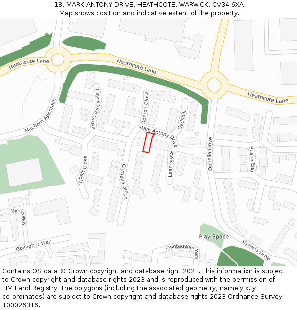 18, MARK ANTONY DRIVE, HEATHCOTE, WARWICK, CV34 6XA: Location map and indicative extent of plot