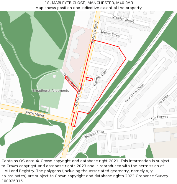 18, MARLEYER CLOSE, MANCHESTER, M40 0AB: Location map and indicative extent of plot