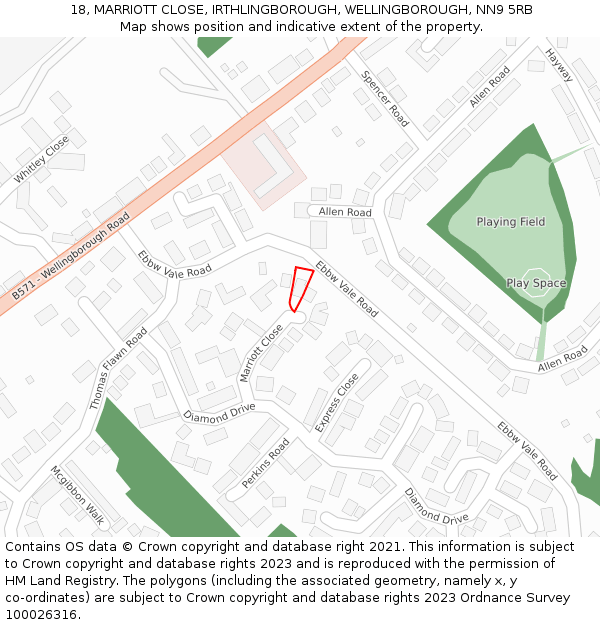 18, MARRIOTT CLOSE, IRTHLINGBOROUGH, WELLINGBOROUGH, NN9 5RB: Location map and indicative extent of plot