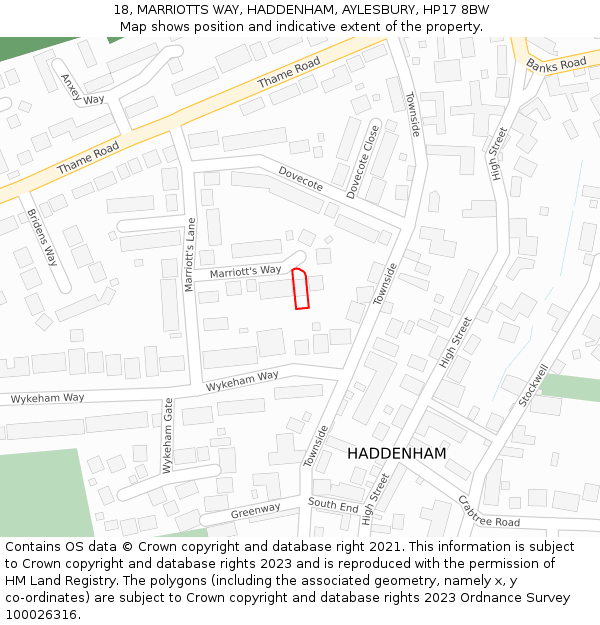 18, MARRIOTTS WAY, HADDENHAM, AYLESBURY, HP17 8BW: Location map and indicative extent of plot