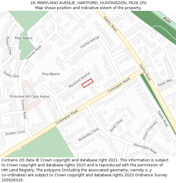 18, MARYLAND AVENUE, HARTFORD, HUNTINGDON, PE29 1PX: Location map and indicative extent of plot