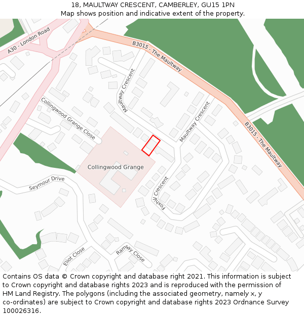 18, MAULTWAY CRESCENT, CAMBERLEY, GU15 1PN: Location map and indicative extent of plot