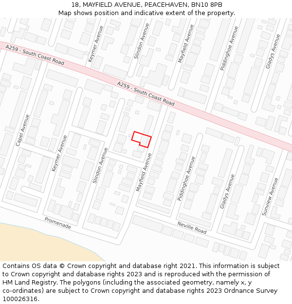 18, MAYFIELD AVENUE, PEACEHAVEN, BN10 8PB: Location map and indicative extent of plot