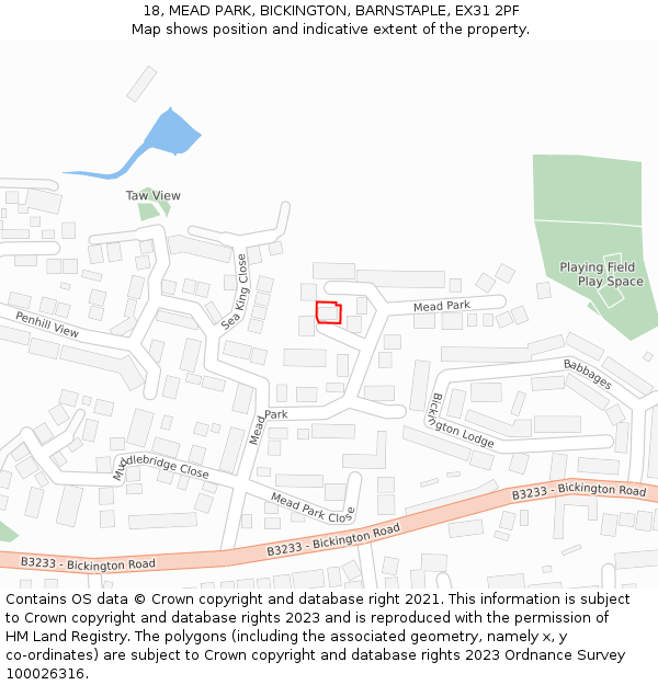 18, MEAD PARK, BICKINGTON, BARNSTAPLE, EX31 2PF: Location map and indicative extent of plot